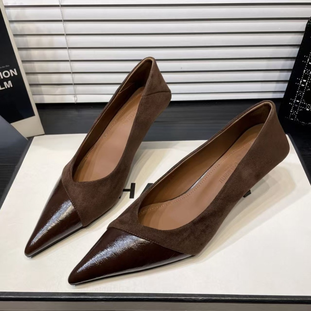 女性カラーブロックポインテッドトゥパンプススプライシングスエードスティレットハイヒールスリップオンオフィスドレスパーティーヒールシューズ