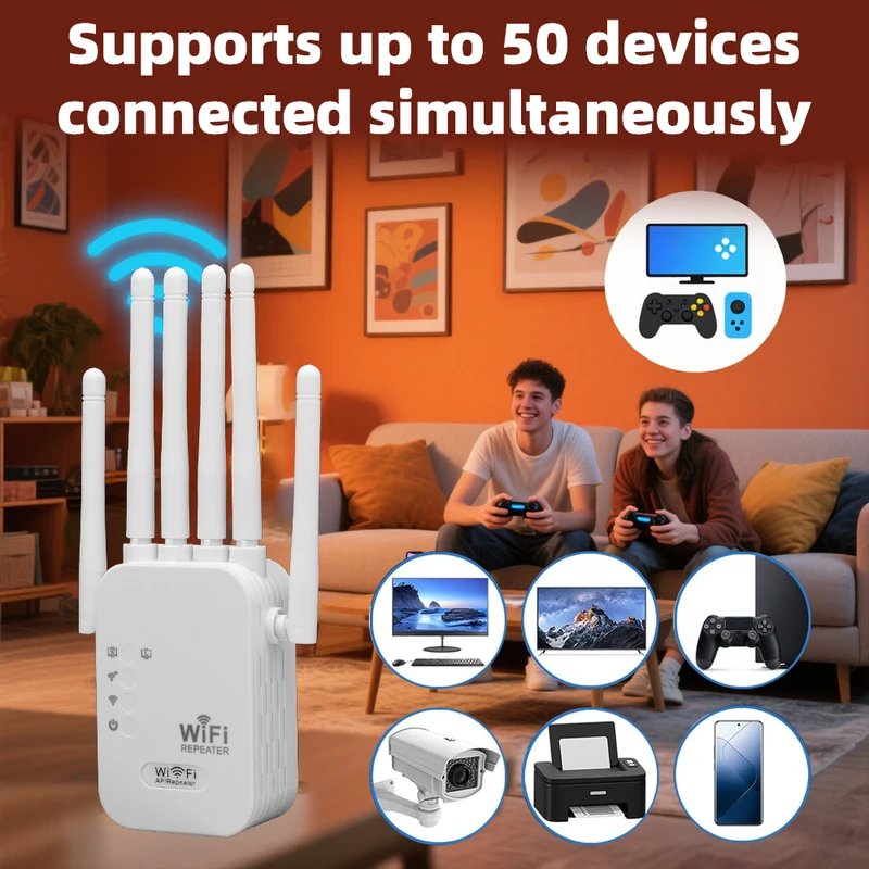 1200MbpsデュアルバンドWiFi信号ブースターエクステンダー、2.4G 5Gワイヤレスネットワークアンプ、ホームオフィス用360°カバレッジリピーター