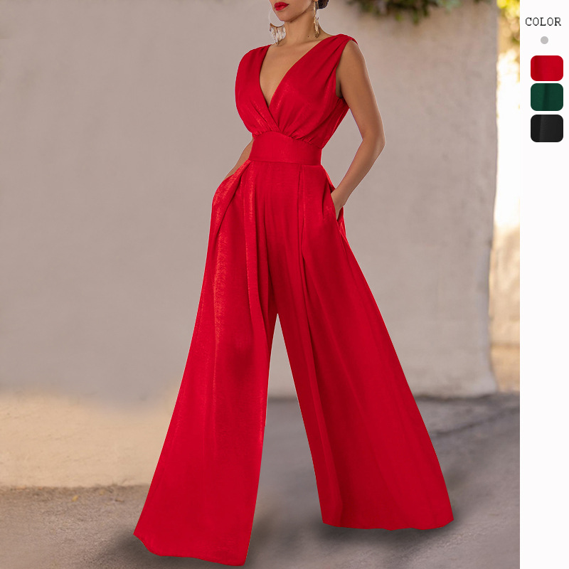 Slim Jumpsuit Women Slim Fits Sleeveless Tank Tops Rompers Jumpsuits V-neck Sexy High Waist Straight Wide Leg Pants Jumpsuits