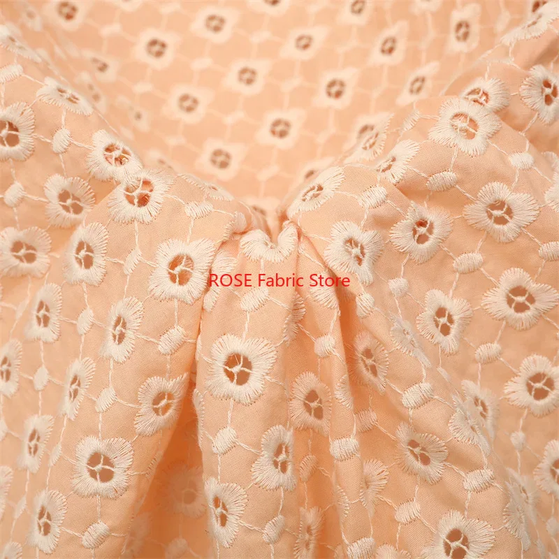 オレンジ、ピンク、緑の花の中空刺繍綿生地ドレス、卓上、枕カバー、ヘッドバンド、人形服縫製用