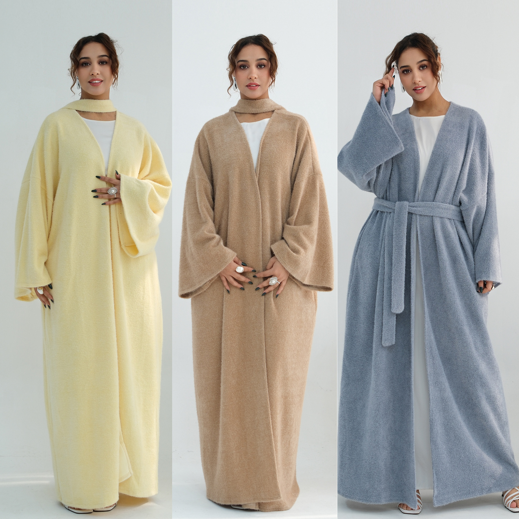 イードアバヤ女性ニットオープンロングカーディガンイスラム教徒ジャラビヤラマダンドバイ Vestidos ラルゴイスラムパーティーアラブロングローブカフタン春