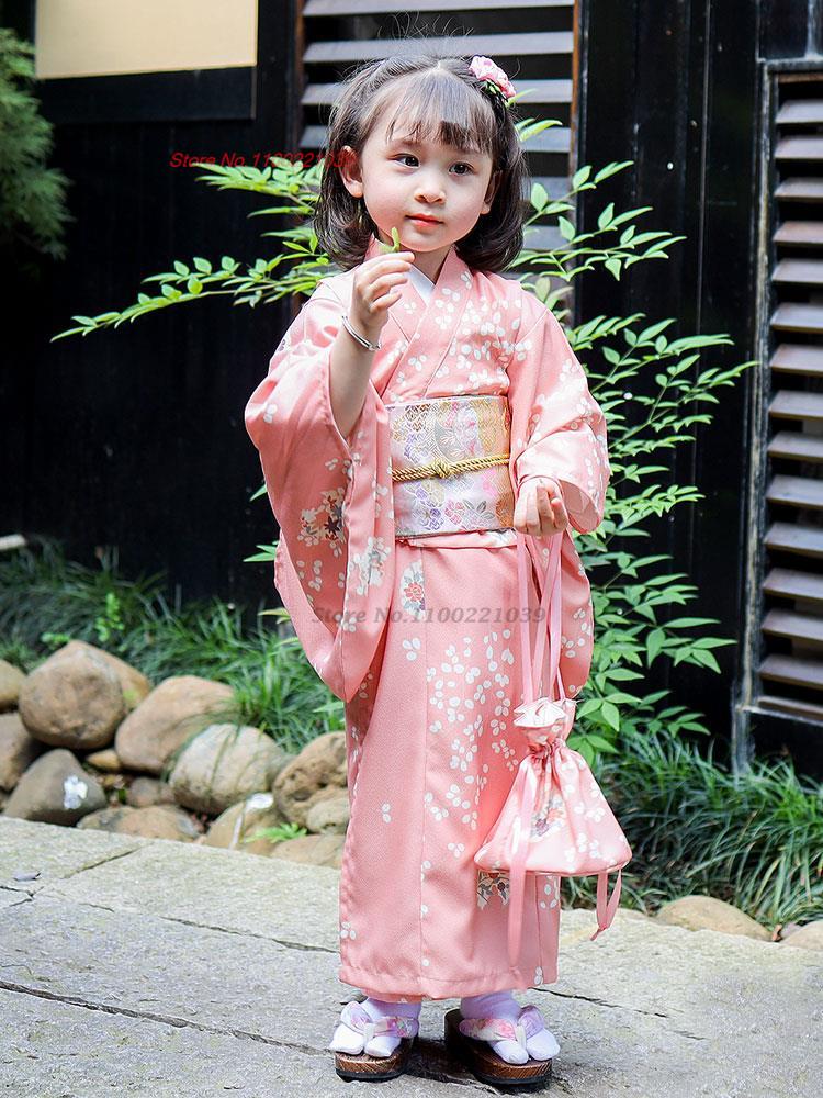 2026 子供日本の着物ローブ国家フラワープリントドレス伝統的な浴衣羽織女の子の写真撮影ドレスヴィンテージ着物