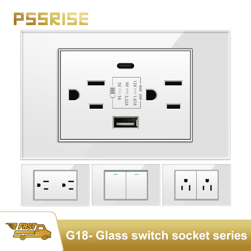 PSSRISE アメリカン電源ソケット、Type-c 急速充電器付き、メキシコ タイのホワイト強化ガラス ライト スイッチ パネル電気ソケット。