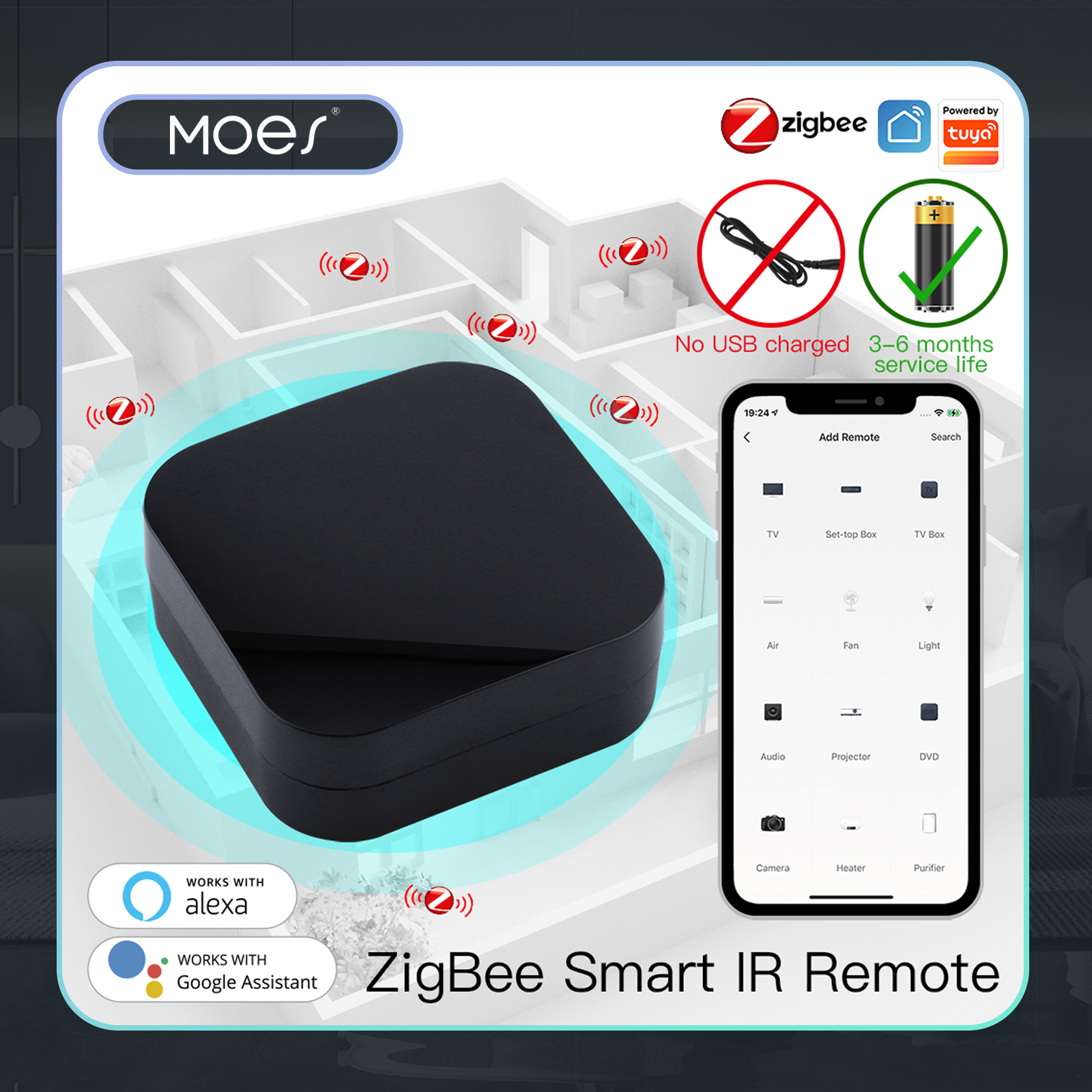 MOES Tuya ZigBee スマート IR リモコンスマートホーム用ユニバーサル赤外線リモコンは Alexa Google Home と連携します