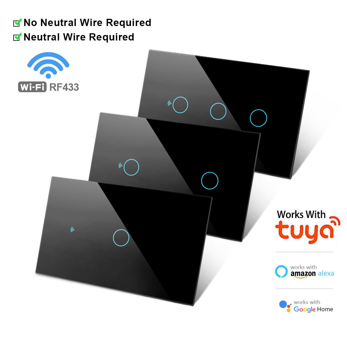 US WiFi スマートウォールスイッチは Tuya APP RF433 1/2/3/4 ギャングタッチセンサーライトスイッチスマートホーム Alexa Google ホームで動作します