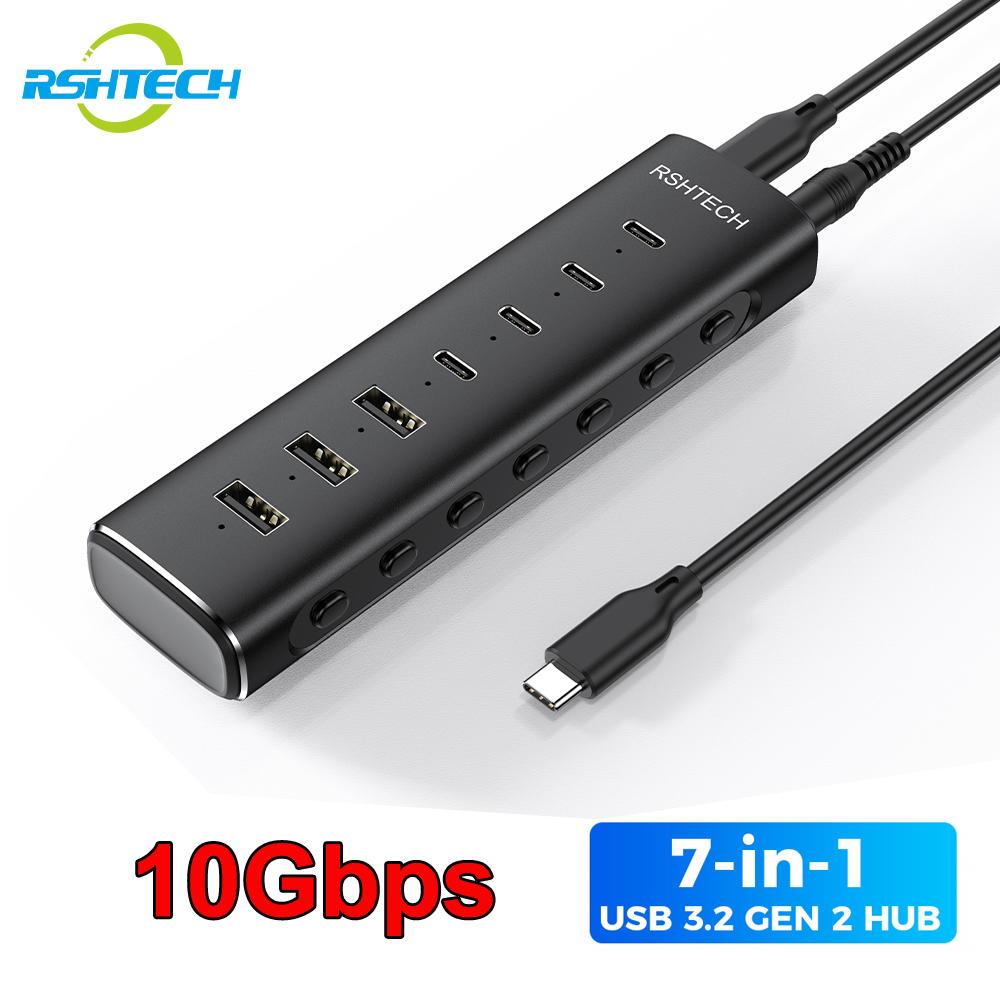 RSHTECH USB 3.2 ハブ スプリッター 7-IN-1 10Gbps データ転送、個別のタッチ スイッチ付きドッキング ステーション、ラップトップ PC コンピューター用