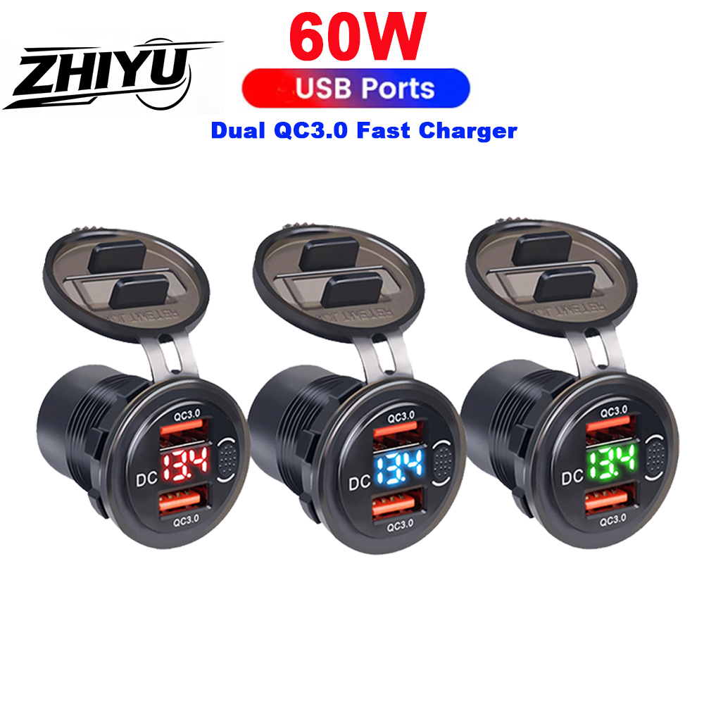 ZHIYU デュアル QC 車 USB 充電ソケット ボタンスイッチ付き デジタル LED 電圧計 車の充電アダプタ コンセント 12V/24V 車ボート RV用