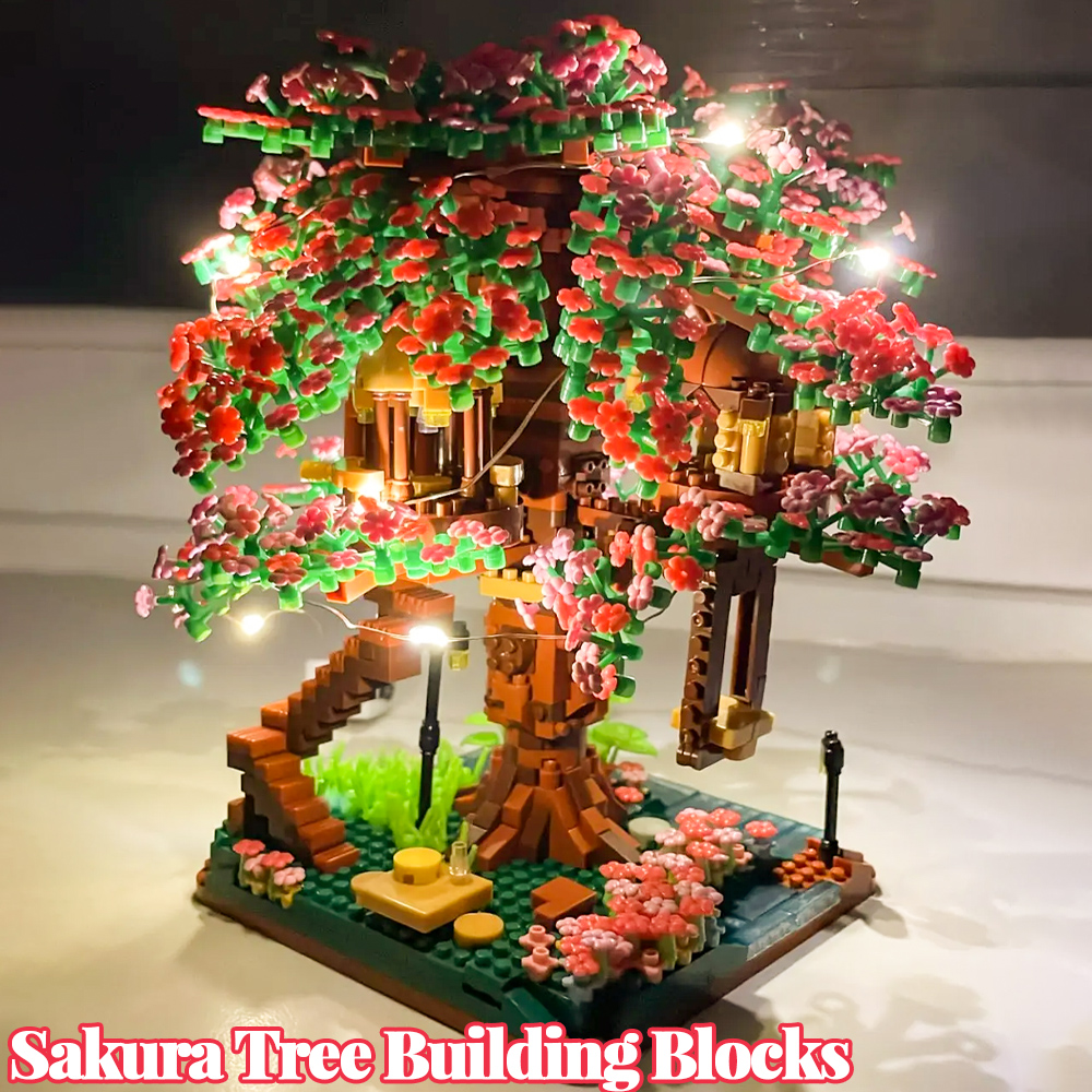 ミニ桜の木ビルディングブロックセット DIY 桜レンガとライトツリーハウスモデル飾りガールフレンドのためのロマンチックなギフト