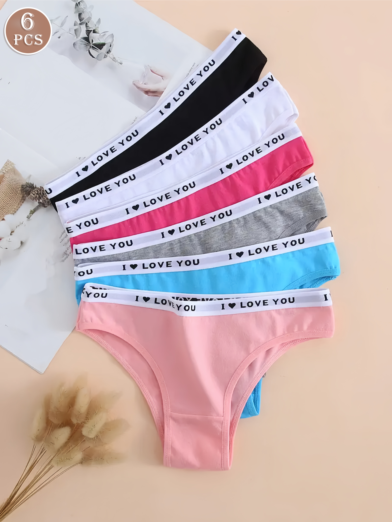 6 個の女性レタープリントワイドウエストバンドコットンビキニパンティーセット、ソリッドカラーソフト通気性ミッドウエストデイリーカジュアルブリーフ