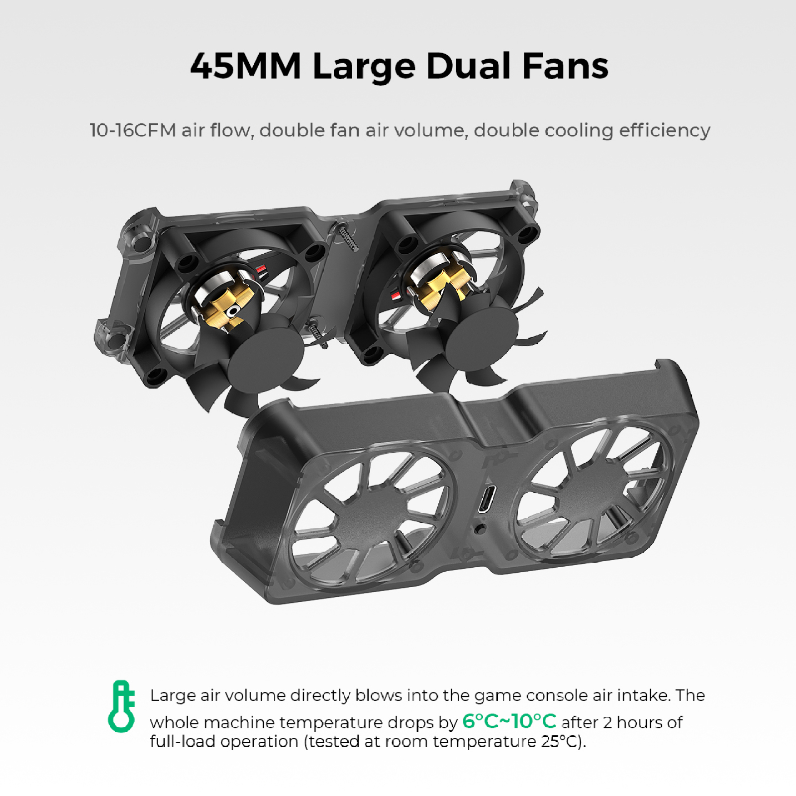 Steam Deck、ROG Ally X、Legion Go対応ポータブルマグネット式冷却ファン 6000RPM 45mmデュアルファン 10-16CFM風量 3段階速度調整