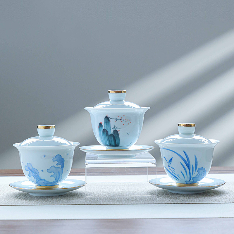 Yingqing 手描きティーカップ シングル白磁 3 カップカバーボウル 非加熱セラミックティーボウル塗装ゴールドティーカップ