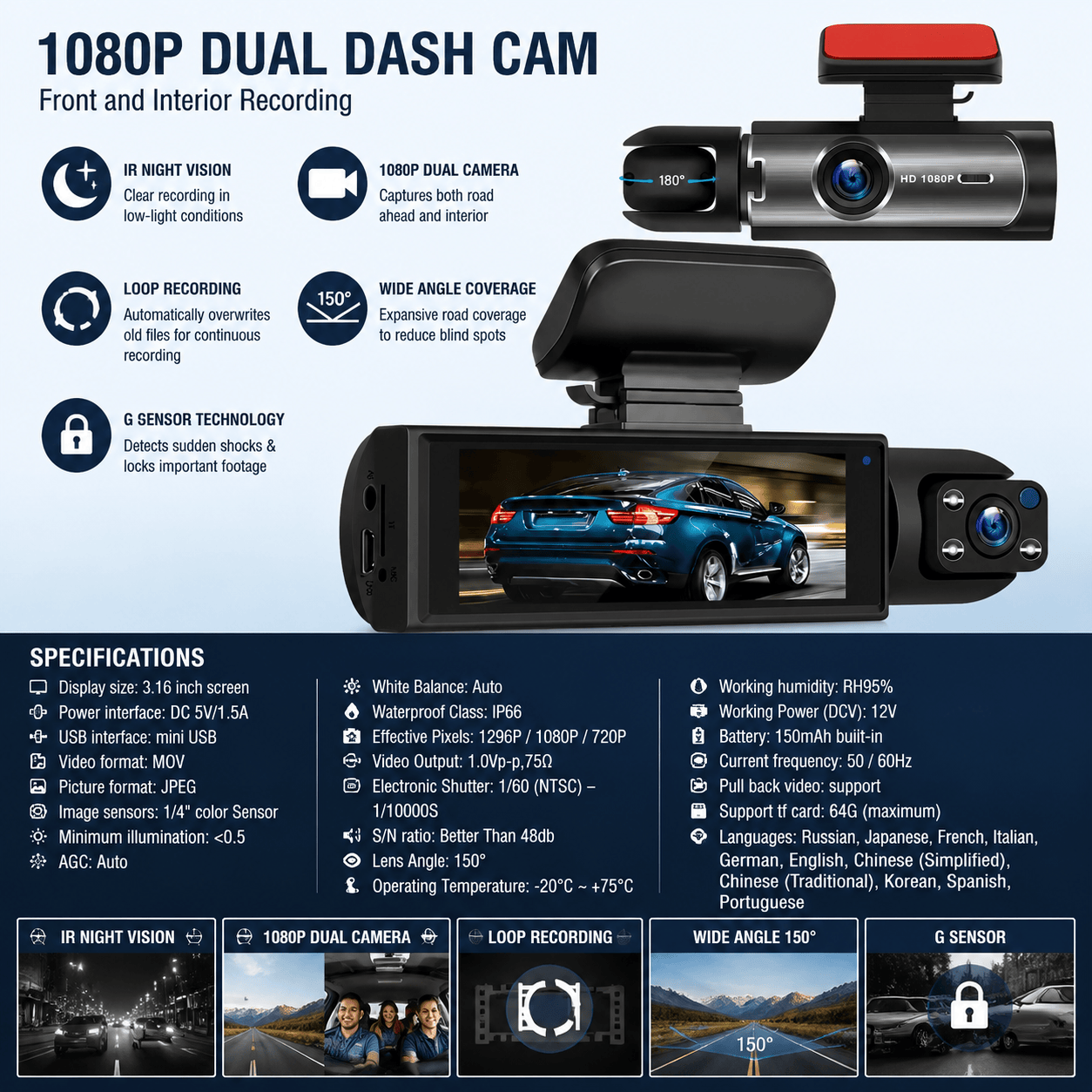 フロントおよびキャビンデュアルレンズダッシュカメラ IPS スクリーン 1080P HD 車 DVR ダッシュボードカム 亜鉛合金 IR ナイトビジョン G センサー 広角駐車モニター セキュリティ監視車両 高解像度ループ記録