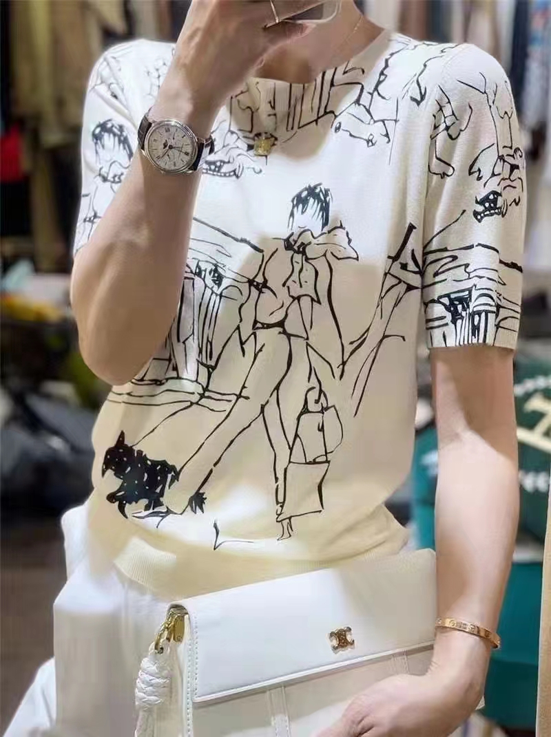 夏の女性の薄いセクション落書きデジタルジャカードラウンドネックファインイミテーションウールニット半袖 Tシャツプルオーバートップ