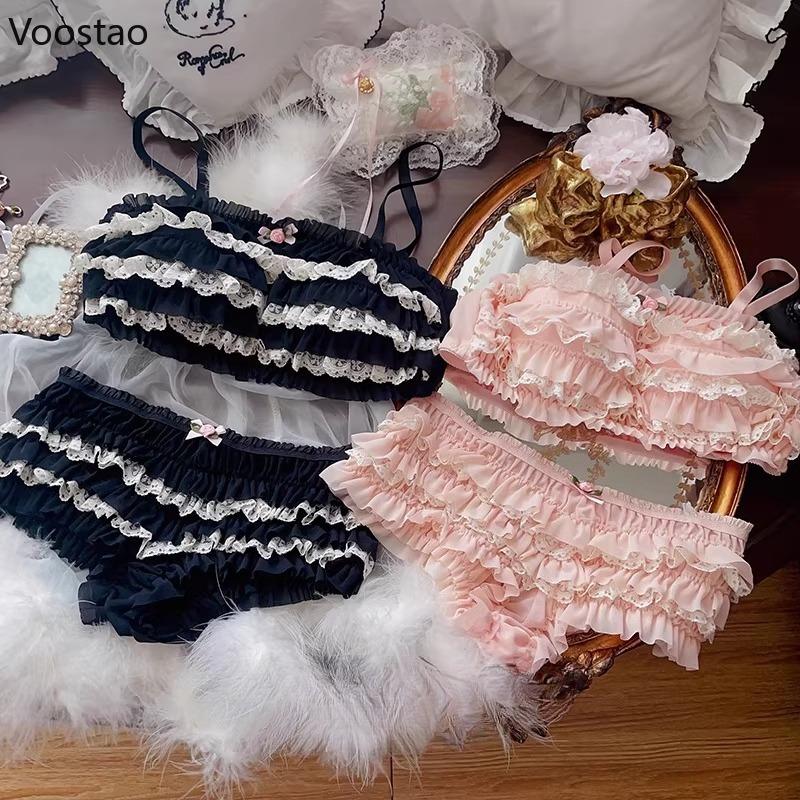 Japanese Sweet Lolita Style Bra Panties Lingerie Set Women Sexy Floral Lace Ruffles Briefs Kawaii Underwear Panty Intimates Sets