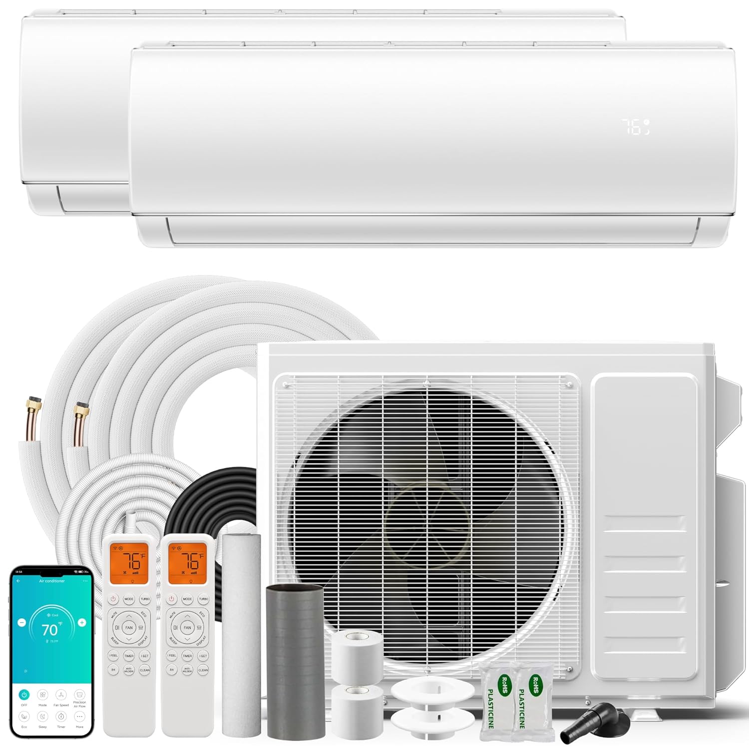 20K BTU デュアル ゾーン (9K 9K) 21 SEER2 マルチゾーン ミニ スプリット AC 加熱システム、ヒート ポンプ、230V インバーター エア、カスタマイズ