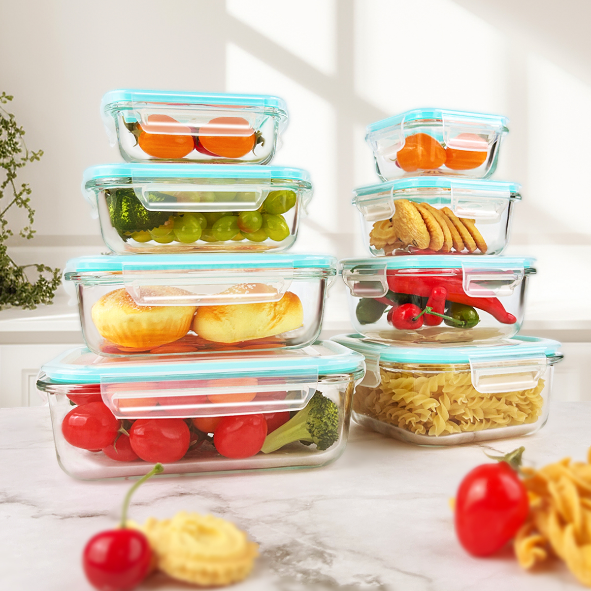 8 個のガラス食品保存容器セットランチボックス漏れ防止気密電子レンジ