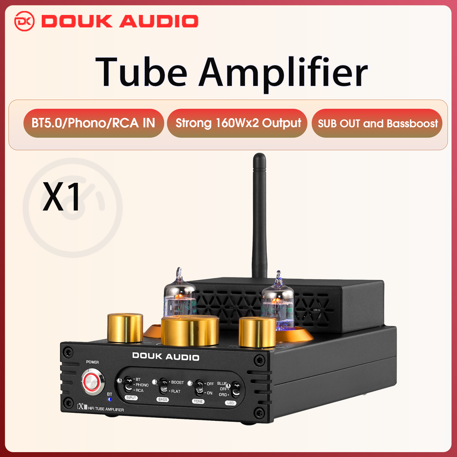 Douk Audio X1 HiFi JAN5725 真空管アンプ Bluetooth5.0 レシーバー MM フォノアンプ 家庭用ターンテーブル パワーアンプ APTX-HD 160W*2