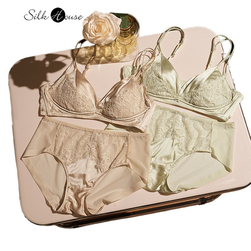 Women's Fashion New Lace Sexy Lightweight No Steel Ring Mulberry Silk Bra Shoulder Strap Bra Underwear Two-piece Set