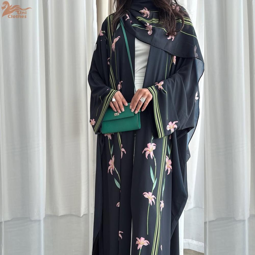 ユニイスラム服控えめなアバヤ女性イスラム教徒ドレスフロントオープンプリントアバヤ 2025 ヒジャブスカーフ付き夏用 2 点セット