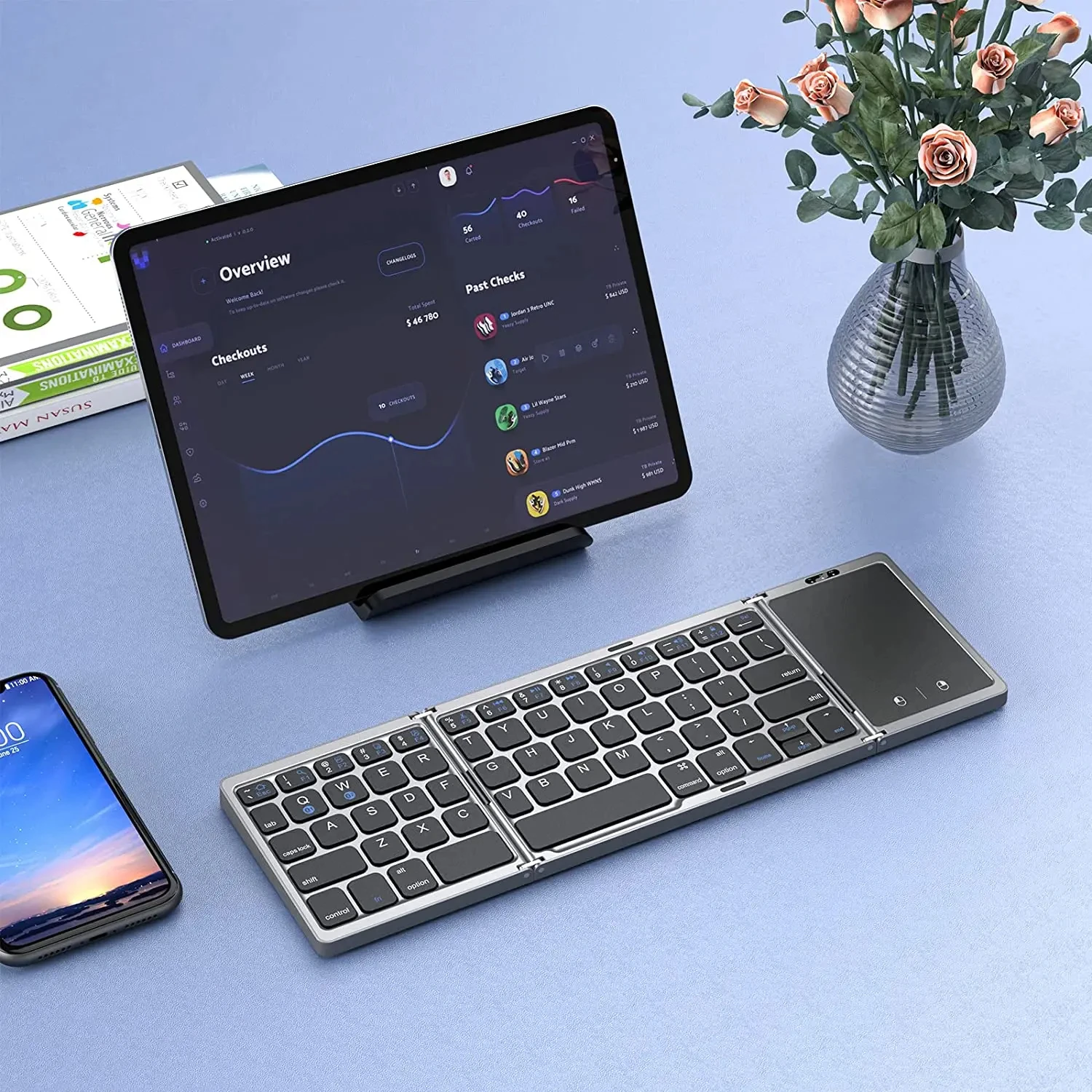 デュアル Bluetooth 5.1 キーボード 3 折りたたみミニキーボード タッチパッド付き充電式折りたたみ式キーボード Windows Android IOS iPad 用