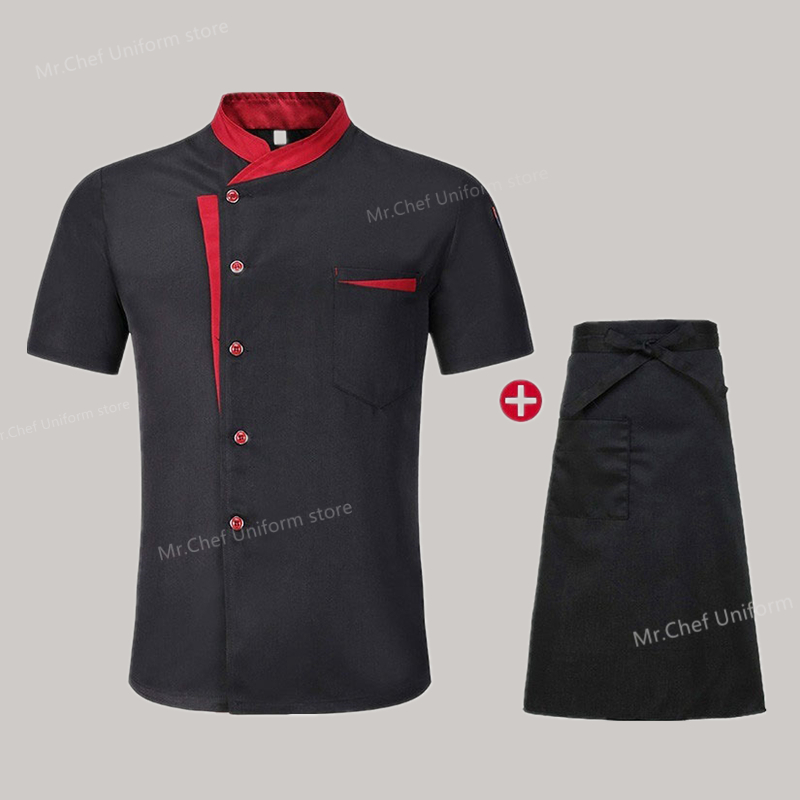シェフの衣装半袖セットレストランホテルキッチン作業服男性通気性シェフジャケットエプロンシェフコートと帽子女性
