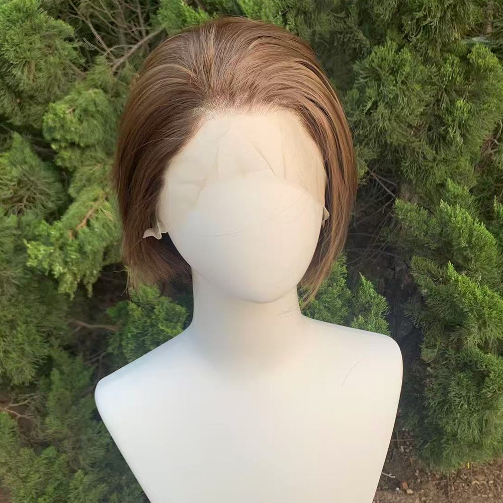 ショートグルーレスレースフロントウィッグナチュラルヘアラインライトブラウンナチュラルストレート合成レースウィッグ女性用コスプレウィッグ