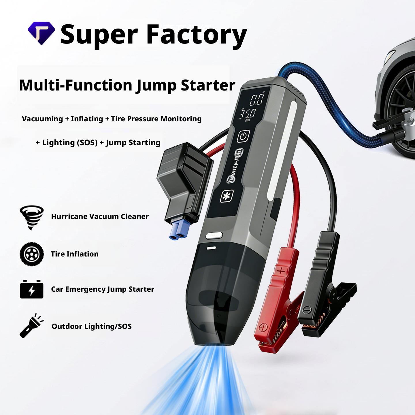 5-in-1 Jump Starter with Air Compressor & Vacuum, 12V Heavy Duty Car Battery Booster, All-in-One Emergency Jump Box for Auto.