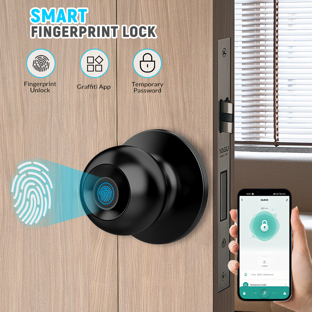 Tuya スマート指紋ドアノブロック WiFi アプリリモコンキーレスエントリースマートドアロック一時パスワードロック解除生体認証ラウンドノブロック寝室アパートオフィス用