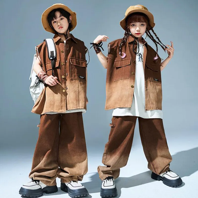 セット子供表示クール Tシャツストリートダンス子ジャズ衣装男の子ヒップホップブラウン Tシャツ女の子ルーズプリントカーゴショーツ服