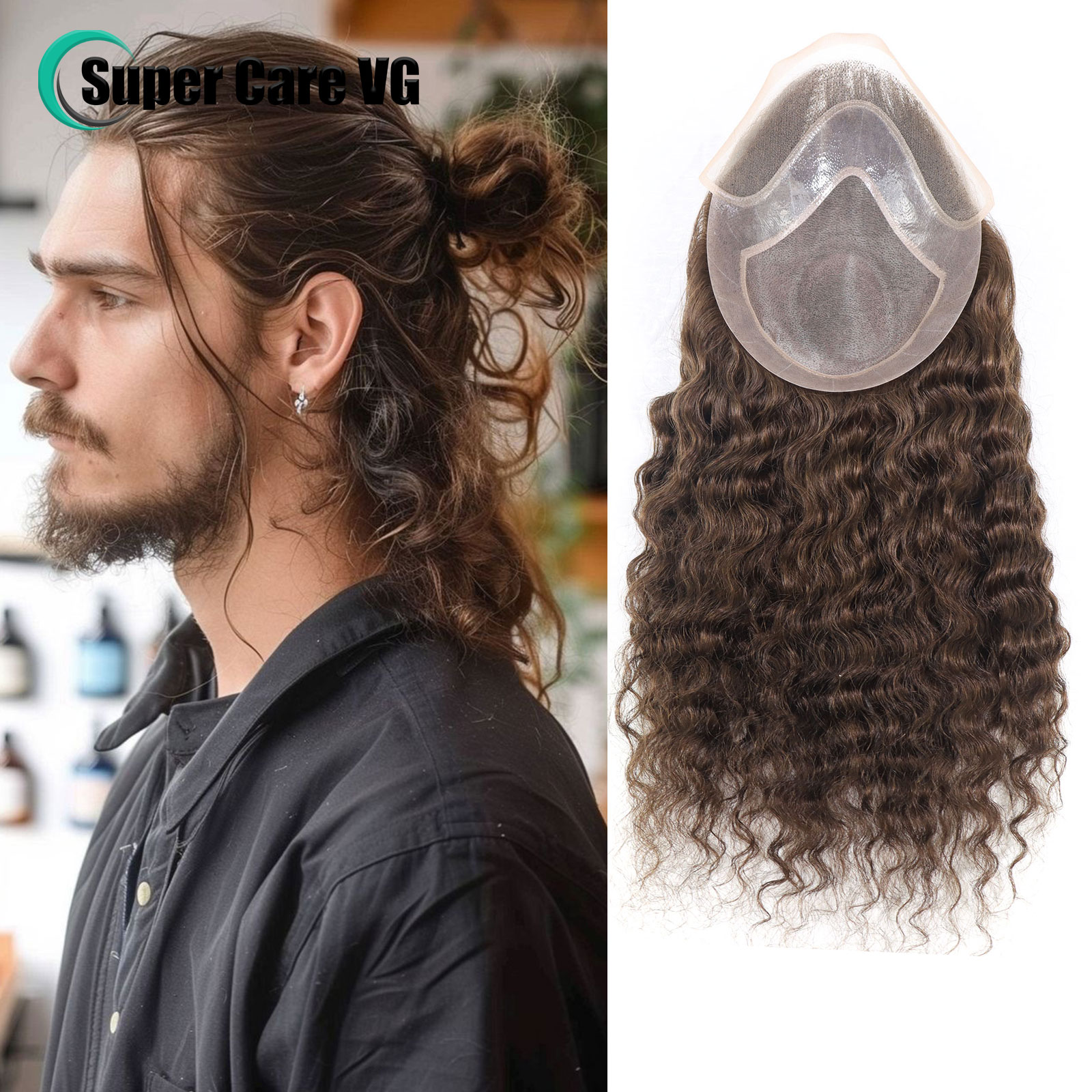 16 "カーリーブラウンロングヘアメンズかつら毛交換システム 8 × 10 モノラルレース PU ベース男かつら男性毛細血管プロテーゼ