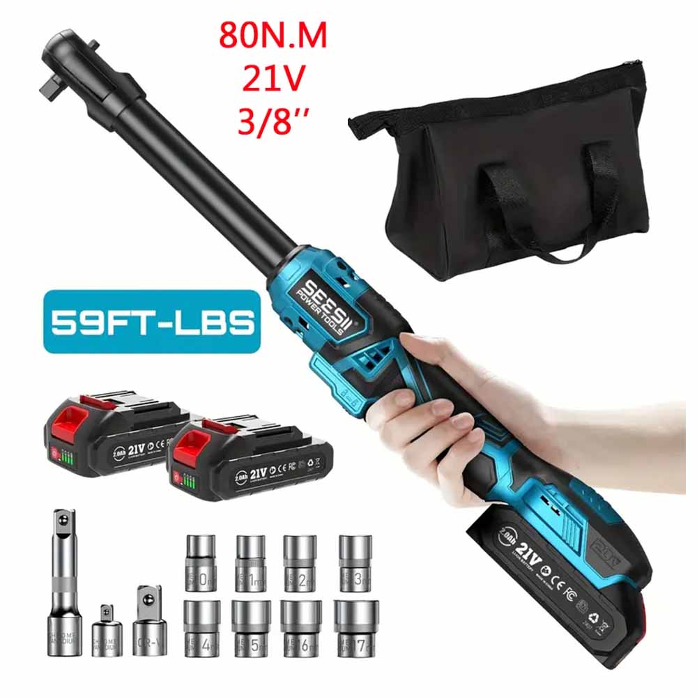 Seesii 3/8 "21V コードレス電動レンチ 80Nm 6.3 ''拡張電動ラチェットレンチ充電式アングルレンチ車の修理ツール