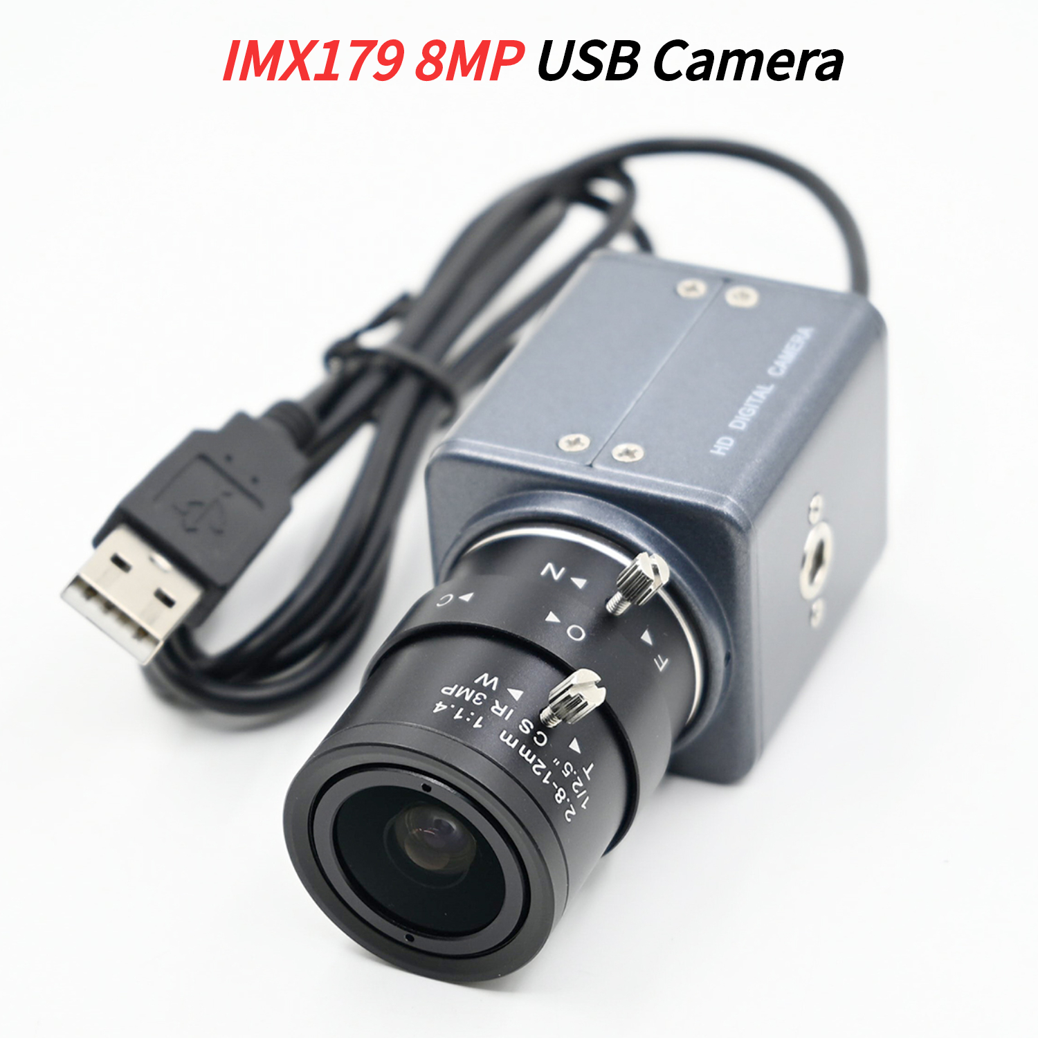 IMX179 HD USBカメラ 8MP、ミニケースウェブカメラ、5-50mm 2.8-12mmバリフォーカルCSレンズ搭載、プラグアンドプレイ、3264x2448、Windows、Linux、Android対応