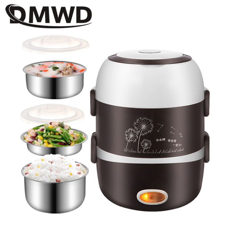 DMWD 電気ミニ炊飯器 2/3 層ステンレス鋼ライナーポータブル卵ボイラー蒸し器食品ウォーマー弁当箱マルチクッカー 2L