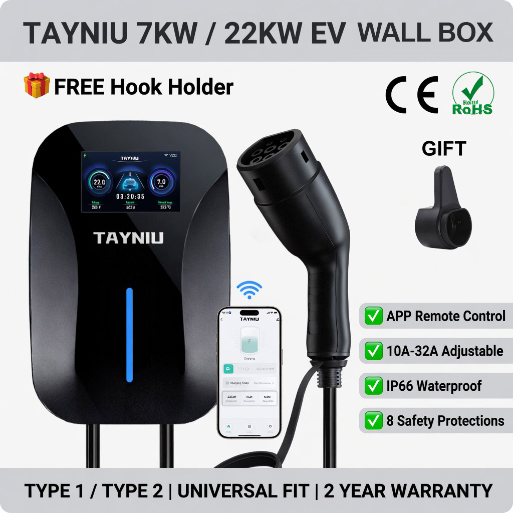 TAYNIU 新しい EV 充電器タイプ 2 タイプ 1 Wallox アプリ付き 7KW 32A-1 相/22KW 32A-3 相充電ケーブル、充電器ホルダー付き