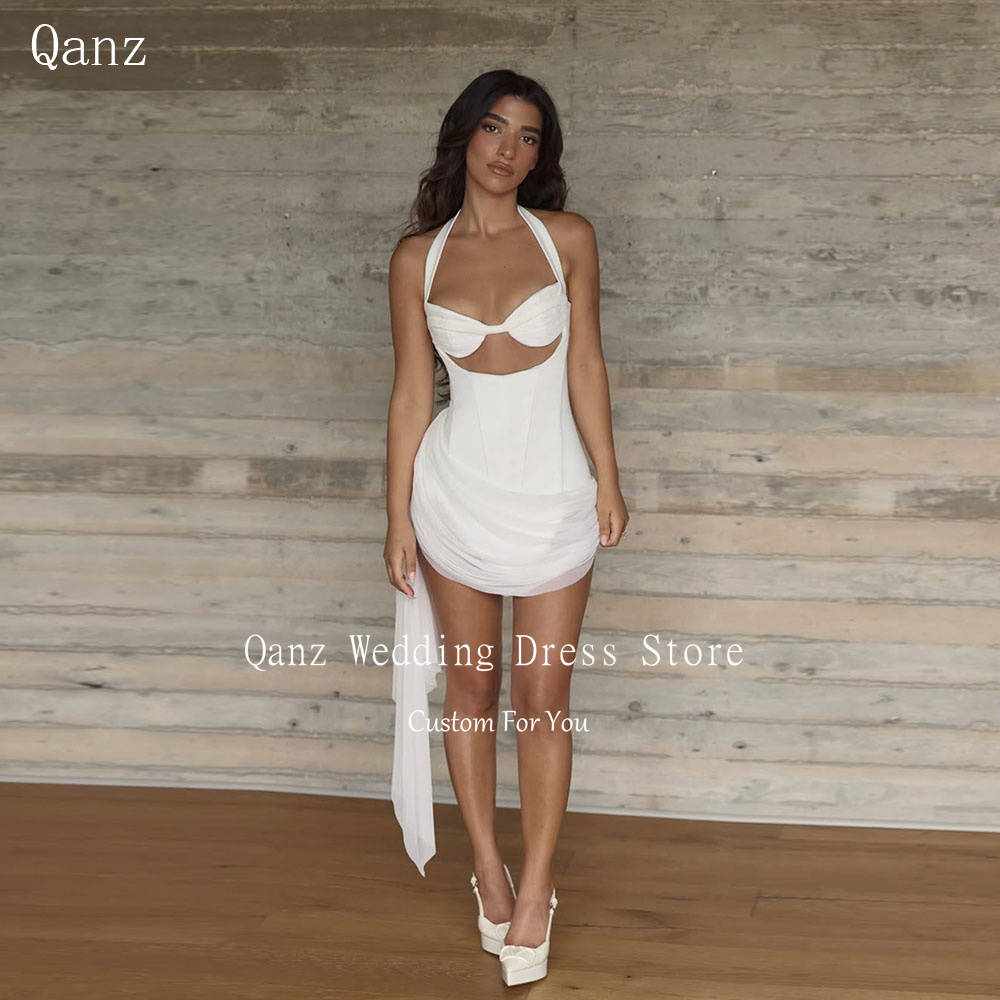 Qanz ホワイトセクシーなウェディングパーティードレスホルターネックミニ Vestido デノビアボダ市民ショートバックレスローブデマリーカスタマイズされた