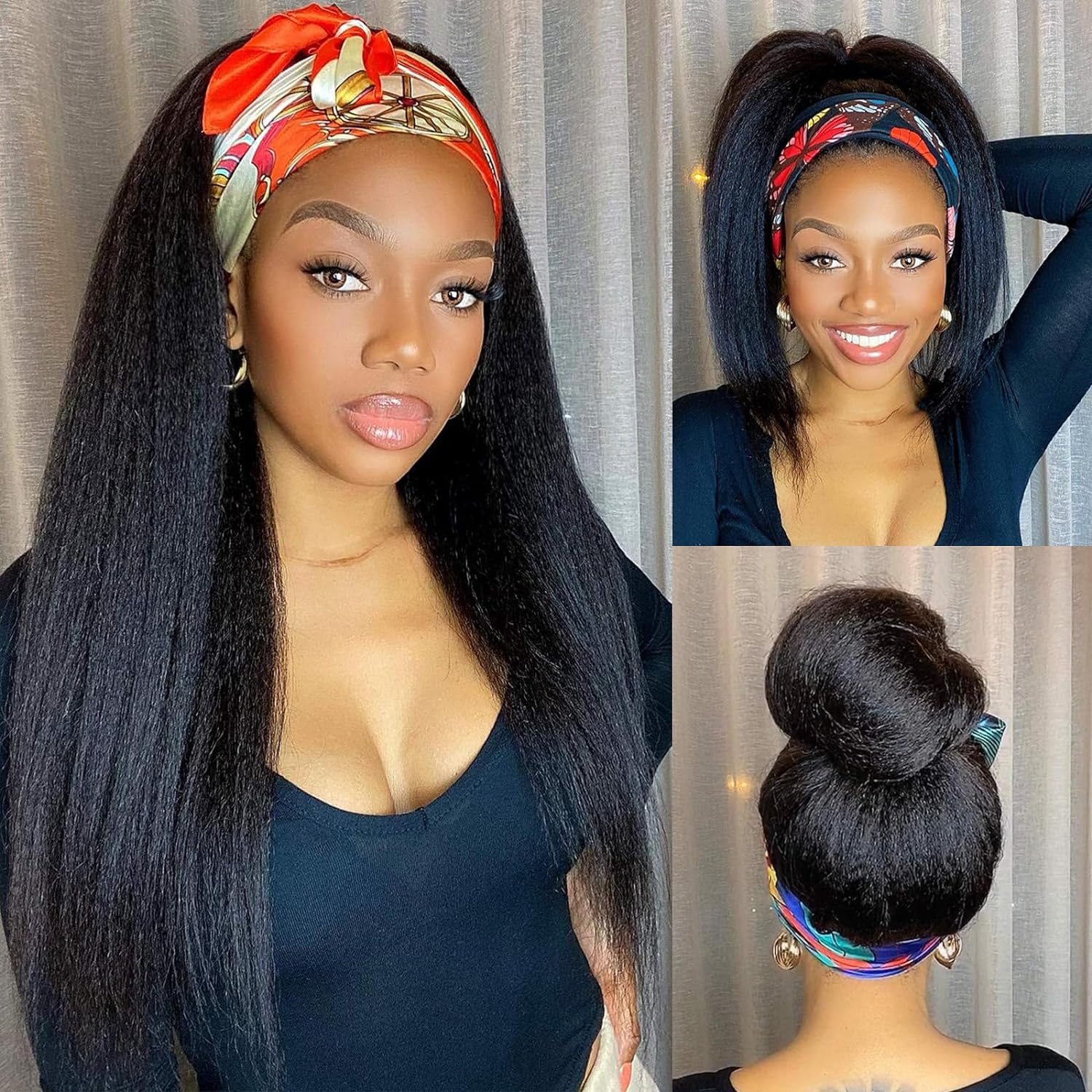 変態ストレートヘッドバンド合成ウィッグ女性用ヤキストレートウィッグ黒のヘッドバンドヘアでスタイリングが簡単レースフロントなし接着剤なし