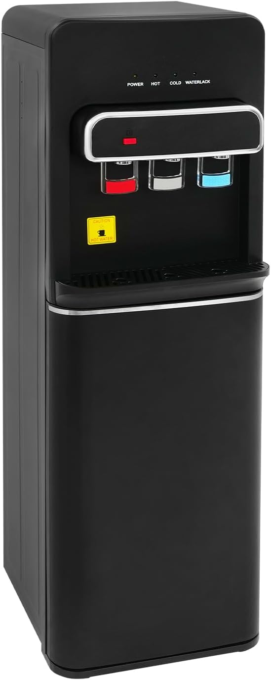 ウォータークーラーディスペンサー、ボトムローディング、温水、室内水、冷水の注ぎ口付き床置きユニット、5ガロンボトルに対応、チャイルドセーフティロック機能、ブラック