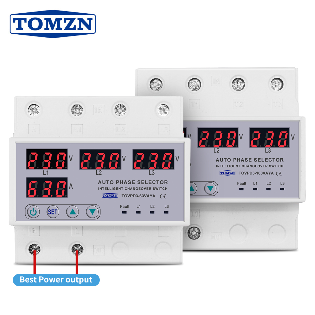 TOMZN 100A 63A 3 相 3P N DIN レール位相セレクター調整可能な過電圧電流保護モニターリレープロテクター