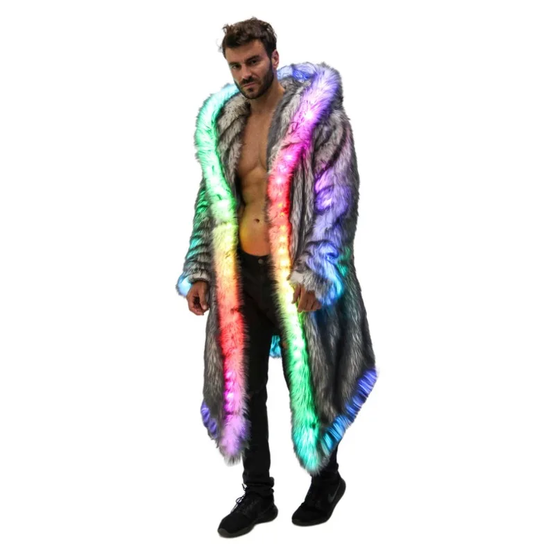 LED フェイクファーコートフード付き男性ナイトクラブ DJ ステージパフォーマンス摩耗パーティー絶賛衣装発光ライトアップコート冬暖かい服