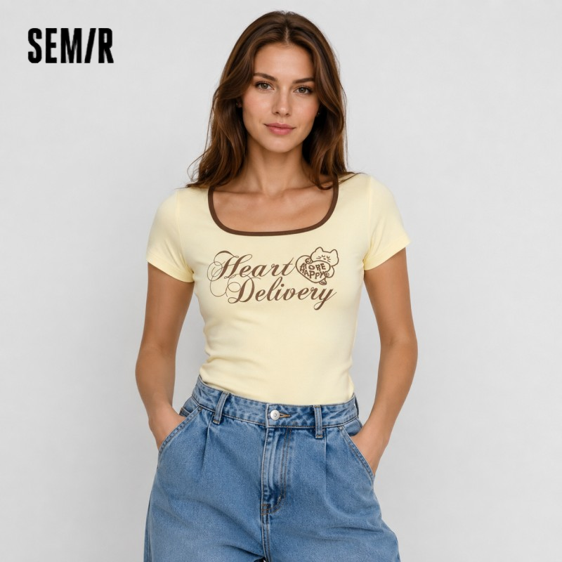 女性 Tシャツカラーブロックスクエアネックショート丈カジュアルファッション 2026 夏甘いスタイリッシュなデイリーコンフォートウェアトップ