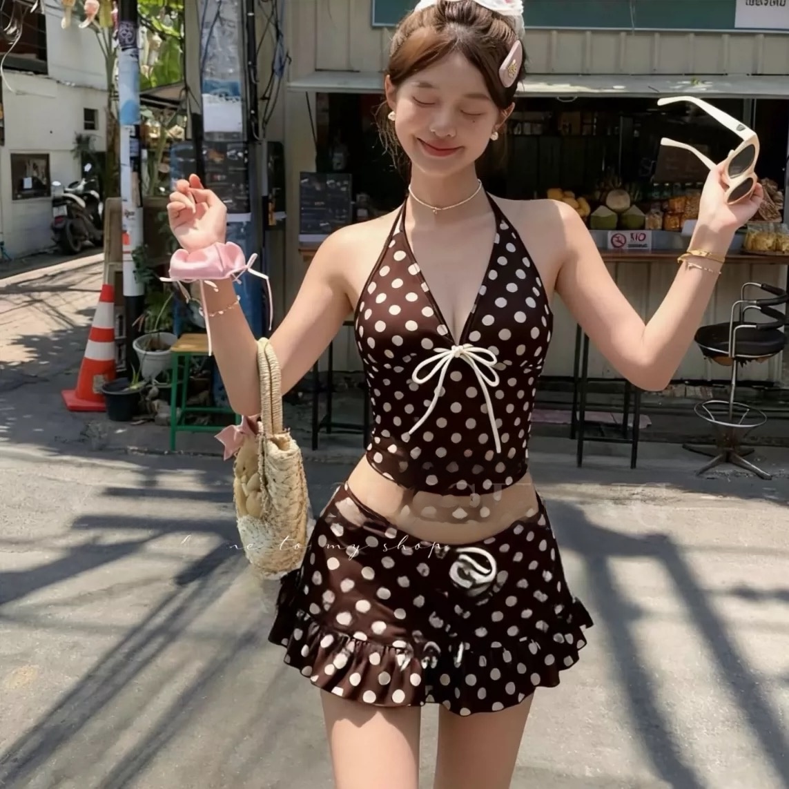 レディース ポルカドット ホルターネック ビキニ 水着 痩身 小胸を美しく見せる 島での休暇 スポーツウェア ヨガ フィットネス
