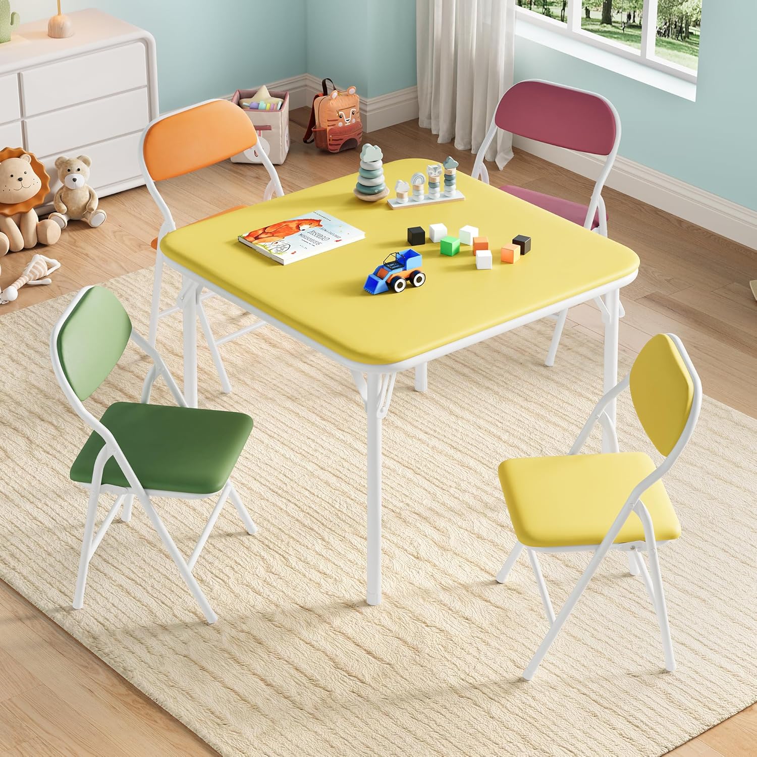 子供用折りたたみテーブルと椅子5点セット、幼児用子供用アクティビティテーブルと椅子セット、ダイニングルーム、保育園、教室用