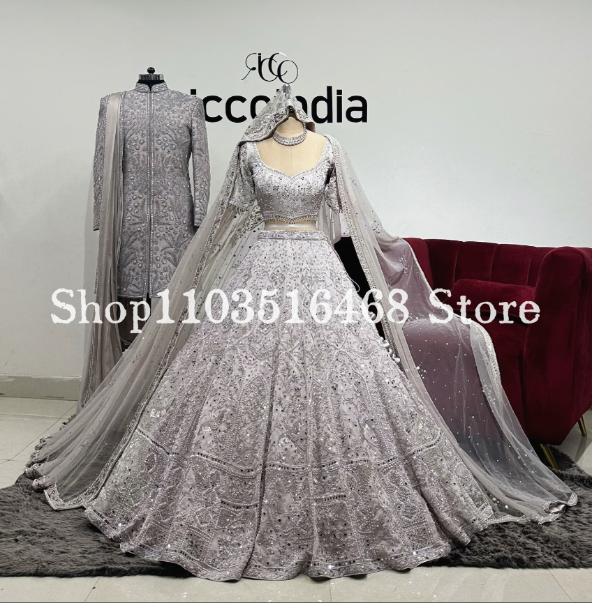 Gorgeous Silver Indian Saree Evening Gown Sparkling Crystal Applique Vest Two Piece Middle East Custom فساتين للمناسبات الخاصة