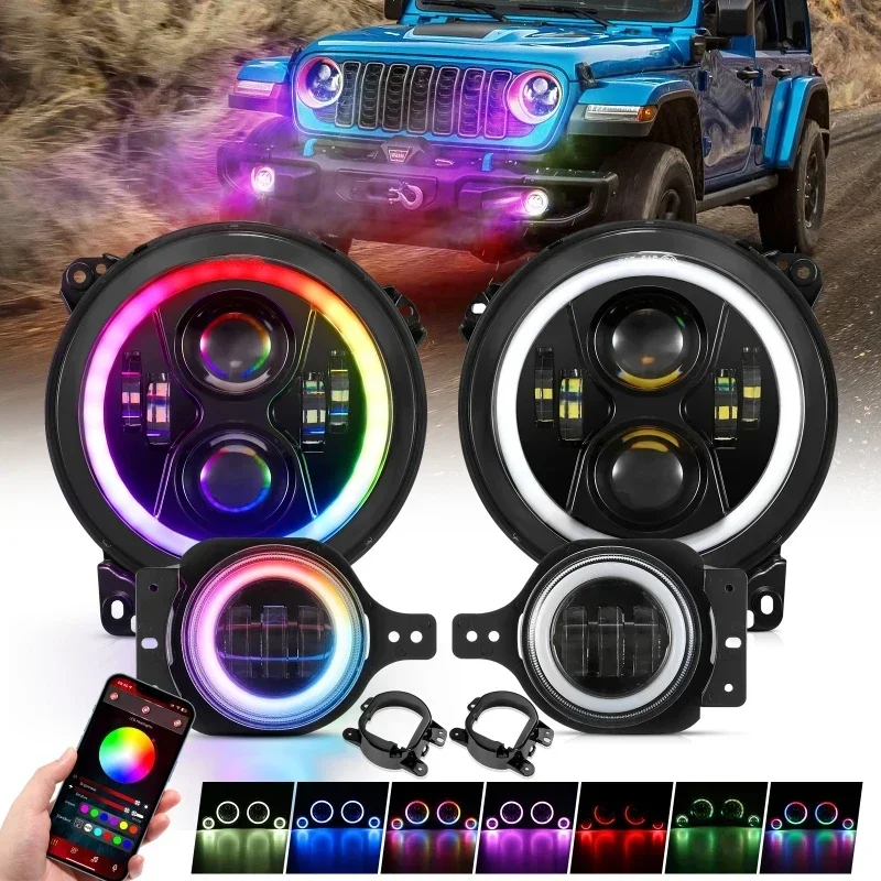 9 インチ LED マジック RGB ヘッドライト/4 インチ LED フォグランプ ターンシグナルランプ付き ジープラングラー JL 2018-2024用