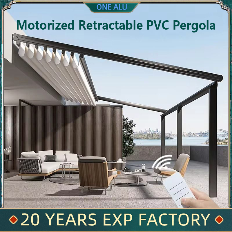 カスタムサイズ電動防水日焼け防止格納式 PVC パーゴラ屋根日よけ折りたたみ日よけ電動パティオ用 LED