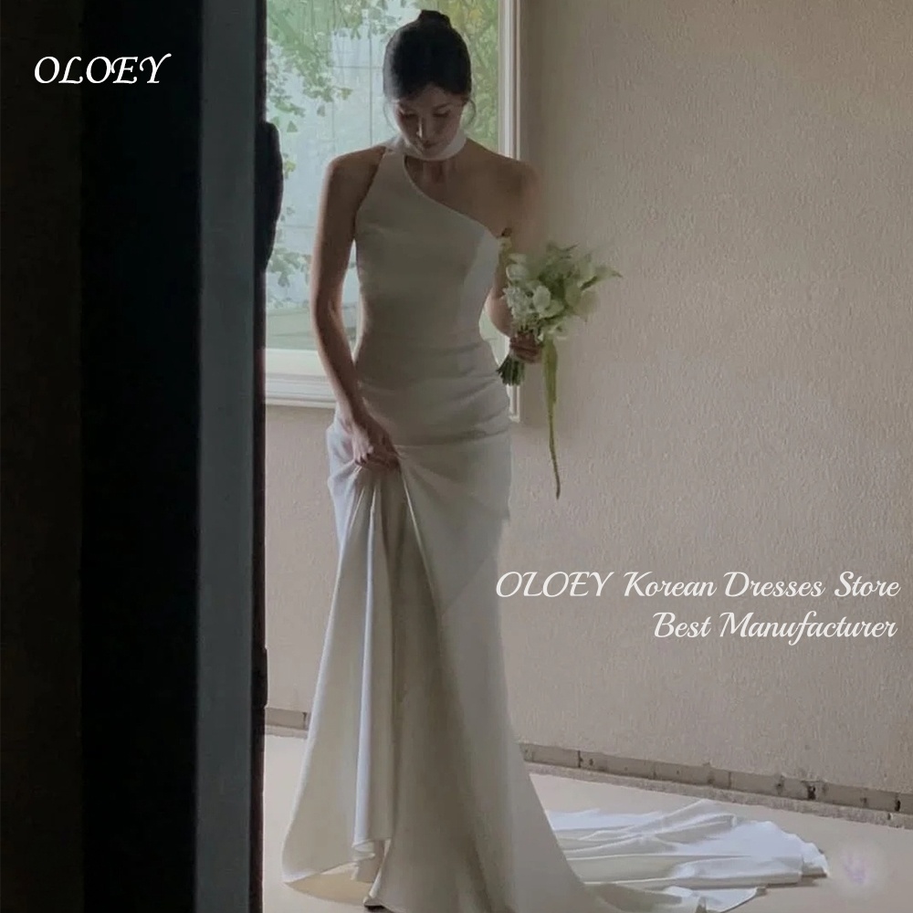 OLOEY シックな韓国アイボリーのウェディングドレスホルターネックワンショルダードレープサテンマーメイドマキシブライダルドレススリムフィット Vestidos デノビア