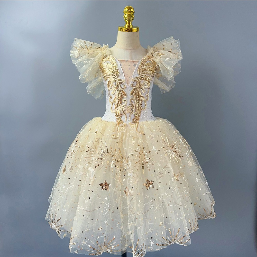 子供ロングバレエドレス女の子ベージュレース白鳥スパンコールプリンセスドレス大人女性モダンダンスステージパフォーマンス衣装