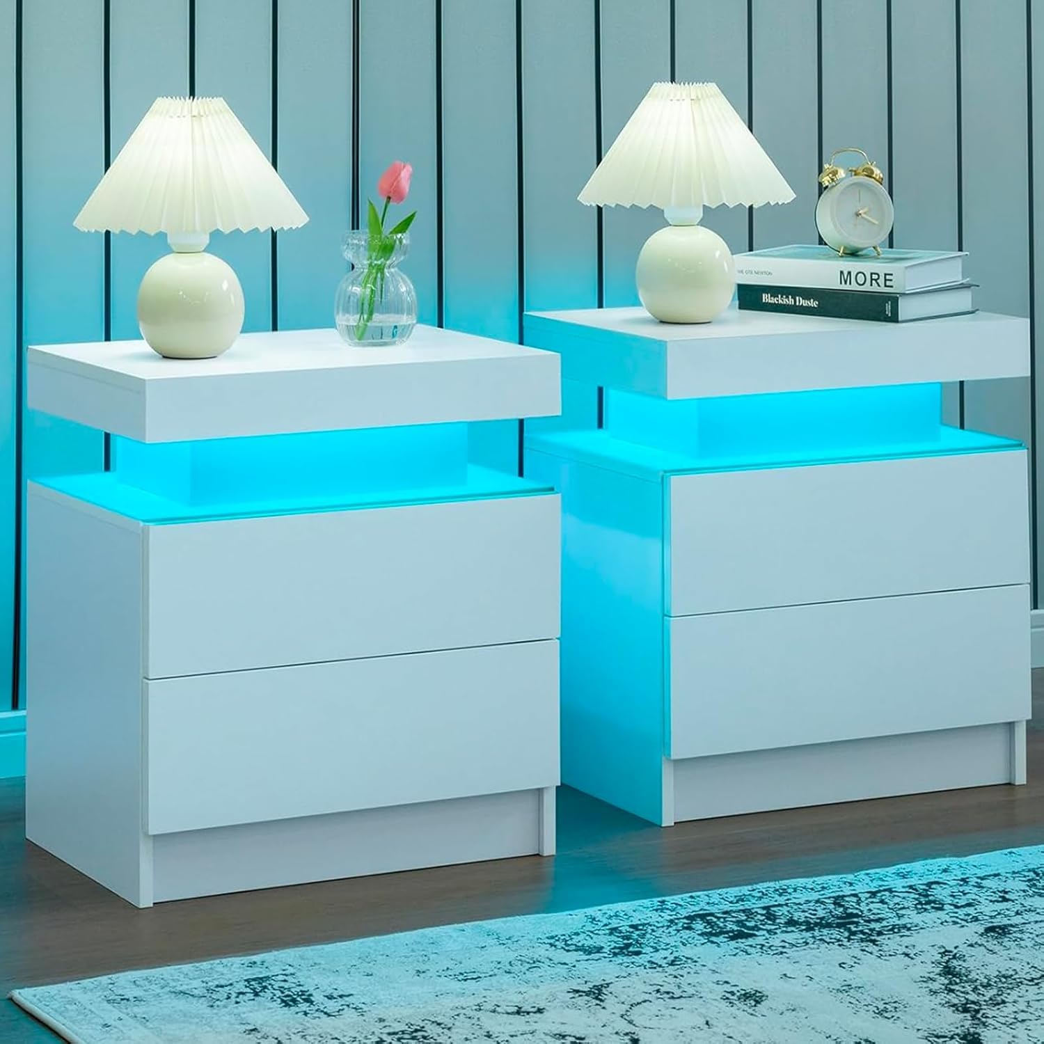 ナイトスタンド 2 個セット LED ナイトスタンド 2 引き出し付き、ナイトスタンド セット 2 LED ライト付き、引き出し付きベッドサイドテーブル、カスタマイズ