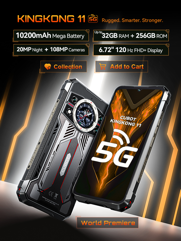 頑丈なスマートフォン 5G Cubot KingKong 11、10200mAh バッテリー、寸法 7025、6nm、2.5GHz、32GB RAM(16 16)、256GB ROM、108MP カメラ