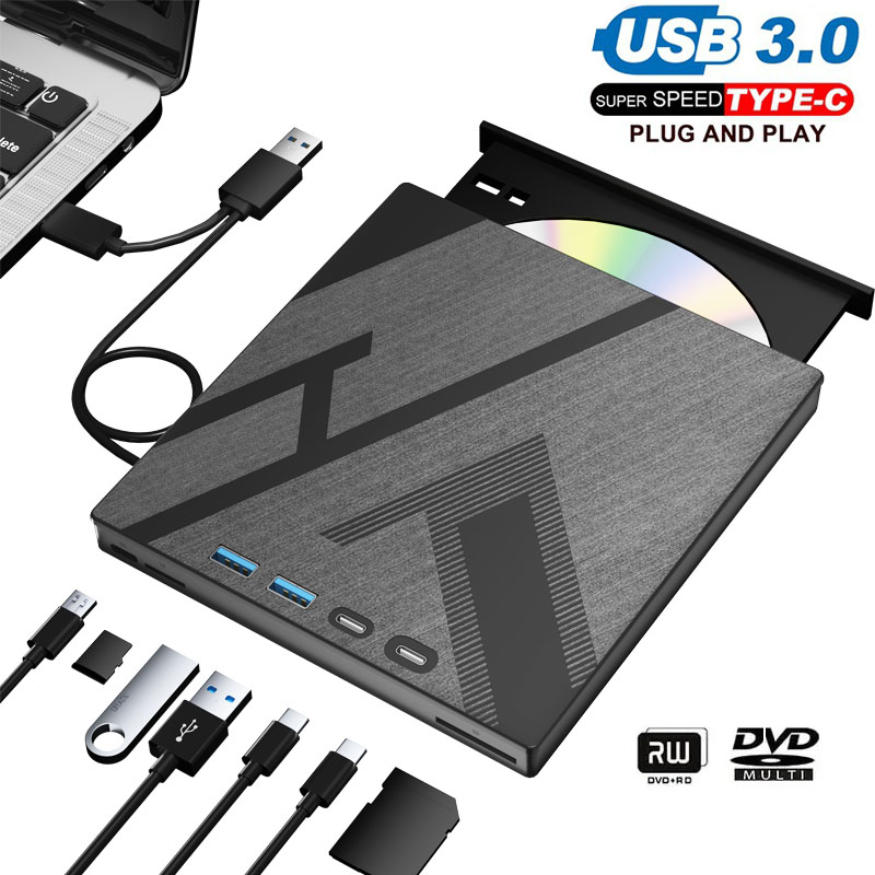 4 USB ポートと TF/SD カード スロットを備えた外付け CD DVD ドライブ ポータブル CD/DVD ディスク ドライブ プレーヤー バーナー リーダー ライター ラップトップ PC 用